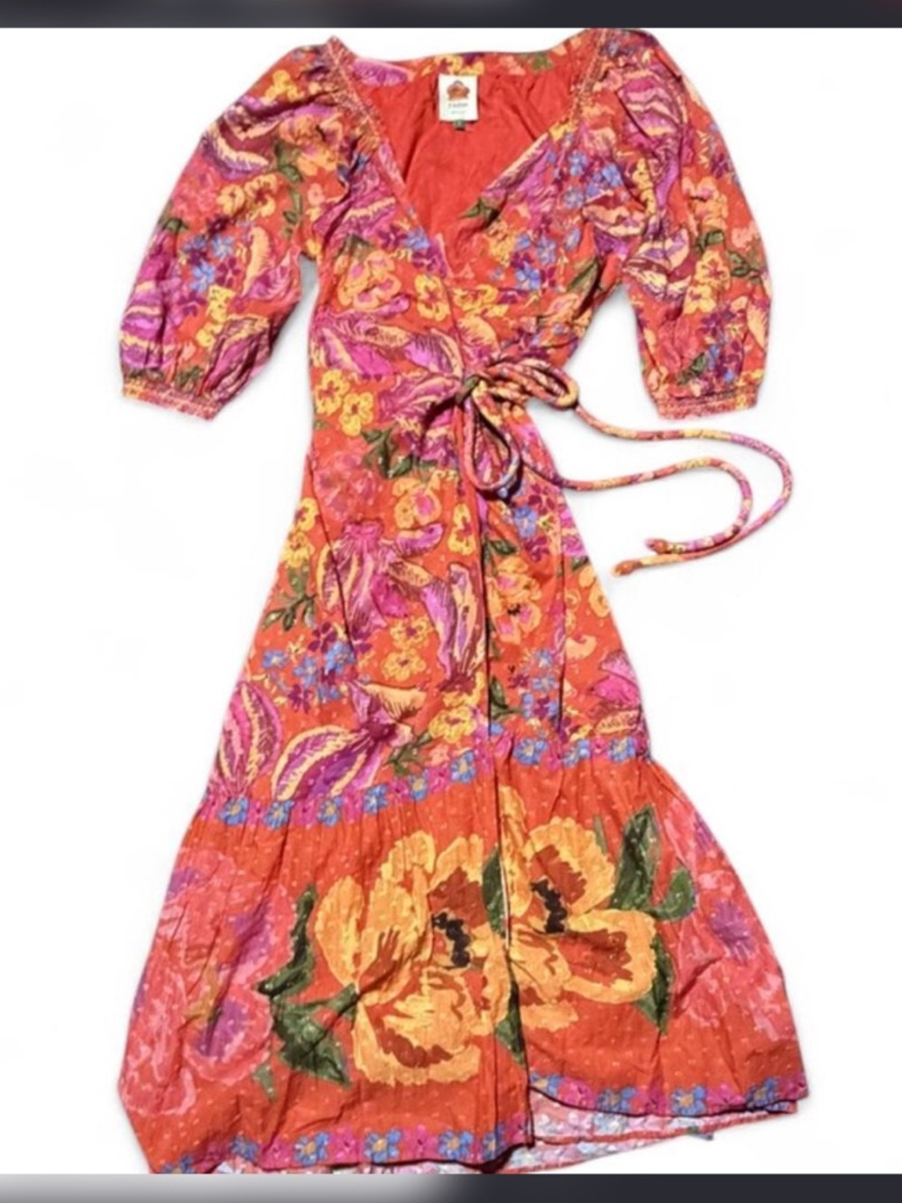 Farm Rio Spring Banana Wrap Maxi Dress Red Floral Tropical Boho Small - Picture 3 of 6